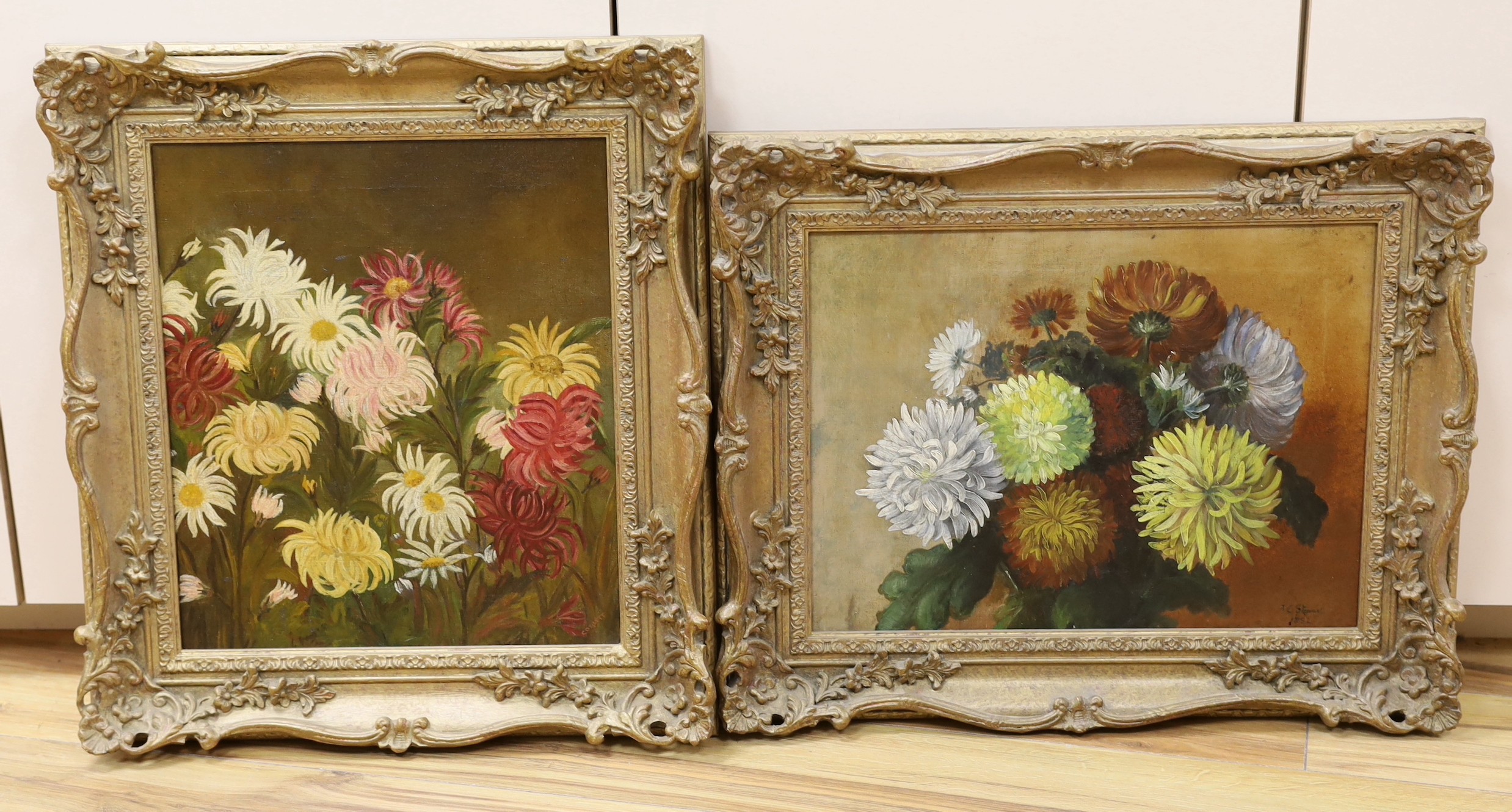 F.C. Stewart (19th C.), oil on canvas, Still life of chrysanthemums, signed and dated 1882, 31 x 42cm and a similar oil, signed Coblett, 39 x 34cm